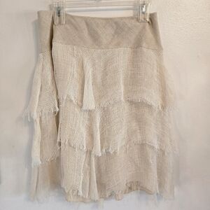Ralph Lauren Black Label Silk  Distressed Linen Tiered Cream Midi Skirt